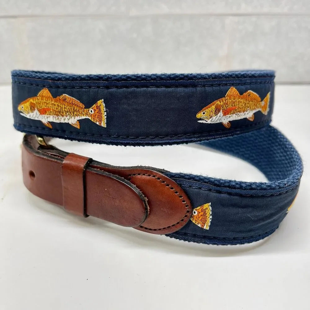 Vtg Leather Man Ltd Mens Trout Redfish Blue Ribbon Brown Leather Belt Size 36 M